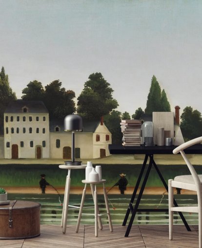 mural de papel de parede personalizável de belas artes chamado Landscape and Four Fisherman, de Henri Rousseau mural de papel de parede personalizável de belas artes chamado Landscape and Four Fisherman, de Henri Rousseau
