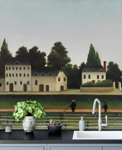 mural de papel pintado personalizable de bellas artes llamado Paisaje y cuatro pescadores de Henri Rousseau