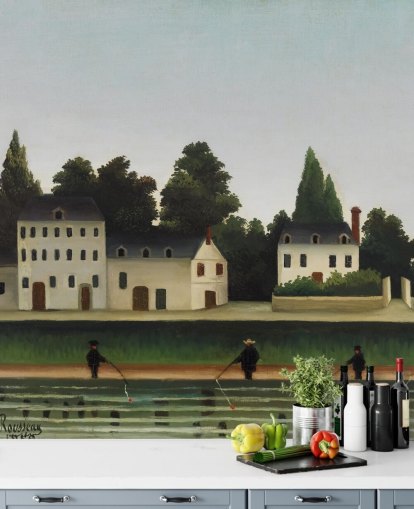 mural de papel pintado personalizable de bellas artes llamado Paisaje y cuatro pescadores de Henri Rousseau