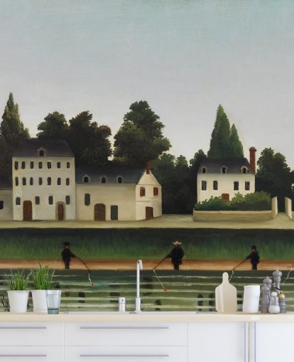 mural de papel pintado personalizable de bellas artes llamado Paisaje y cuatro pescadores de Henri Rousseau