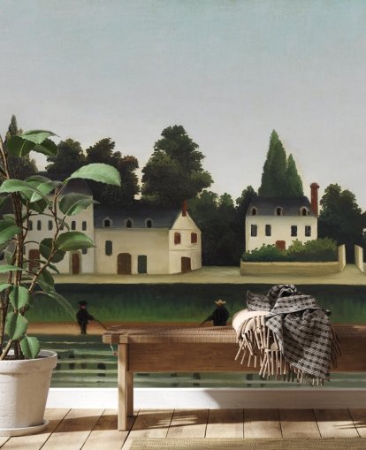op maat gemaakte kunstbehangmuurschildering genaamd Landscape and Four Fisherman van Henri Rousseau