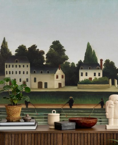 fine art customisable wallpaper mural called Landscape and Four Fisherman by Henri Rousseau