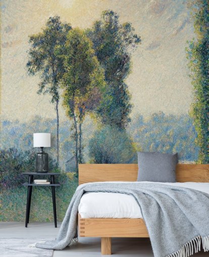 mural de papel pintado de bellas artes llamado Paisaje en Saint-Charles, cerca de Gisors, puesta de sol de Camille Pissarro