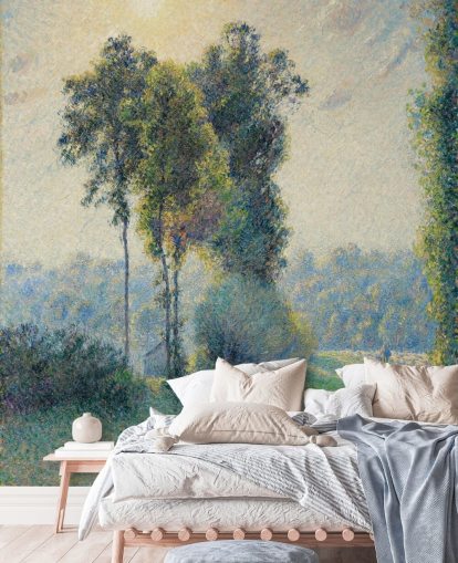 Kunsttapete mit dem Titel Landschaft bei Saint-Charles, in der Nähe von Gisors, Sonnenuntergang von Camille Pissarro