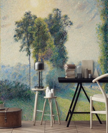 konsttapet väggmålning som heter Landskap i Saint-Charles, nära Gisors, Solnedgång av Camille Pissarro konsttapet väggmålning som heter Landskap i Saint-Charles, nära Gisors, Solnedgång av Camille Pissarro