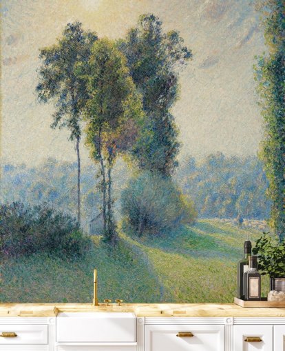 mural de papel pintado de bellas artes llamado Paisaje en Saint-Charles, cerca de Gisors, puesta de sol de Camille Pissarro