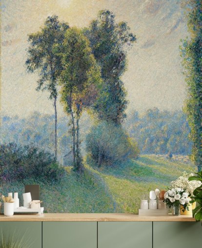 konsttapet väggmålning som heter Landskap i Saint-Charles, nära Gisors, Solnedgång av Camille Pissarro