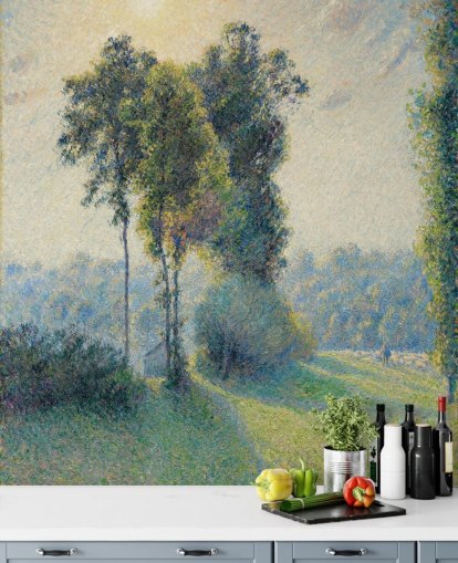 fine art wallpaper mural called Landscape at Saint-Charles, Near Gisors, Sunset by Camille Pissarro
