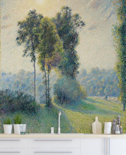 papier peint mural d'art intitulé Paysage à Saint-Charles, près de Gisors, coucher de soleil par Camille Pissarro