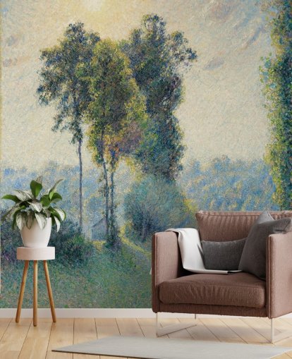 mural de papel pintado de bellas artes llamado Paisaje en Saint-Charles, cerca de Gisors, puesta de sol de Camille Pissarro