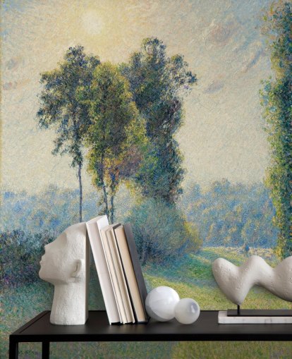 fine art wallpaper mural called Landscape at Saint-Charles, Near Gisors, Sunset by Camille Pissarro