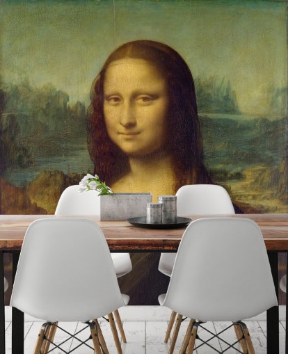 fine art behangmuurschildering genaamd Mona Lisa van Leonardo Da Vinci voor slaapkamers, thuiskantoren en gangen fine art behangmuurschildering genaamd Mona Lisa van Leonardo Da Vinci voor slaapkamers, thuiskantoren en gangen