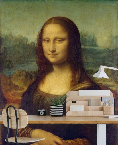 fine art behangmuurschildering genaamd Mona Lisa van Leonardo Da Vinci voor slaapkamers, thuiskantoren en gangen fine art behangmuurschildering genaamd Mona Lisa van Leonardo Da Vinci voor slaapkamers, thuiskantoren en gangen