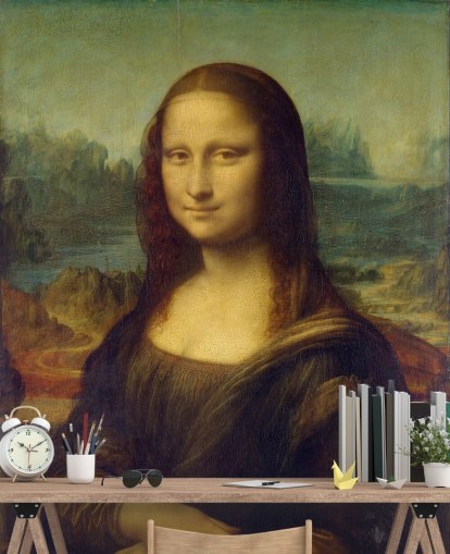 fine art behangmuurschildering genaamd Mona Lisa van Leonardo Da Vinci voor slaapkamers, thuiskantoren en gangen fine art behangmuurschildering genaamd Mona Lisa van Leonardo Da Vinci voor slaapkamers, thuiskantoren en gangen