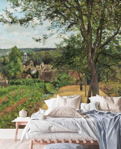 papier peint mural d'art intitulé Vergers à Louveciennes par Camille Pissarro pour les chambres et les salons