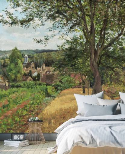 Camille Pissarron taidetaustakuvamaalaus nimeltä Orchards at Louveciennes makuuhuoneisiin ja olohuoneisiin