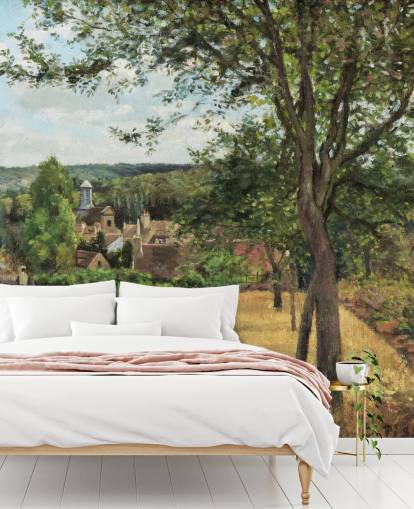 fine art behangmuurschildering genaamd Orchards at Louveciennes van Camille Pissarro voor slaapkamers en woonkamers