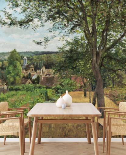 fine art wallpaper mural called Orchards at Louveciennes by Camille Pissarro for bedrooms and living rooms