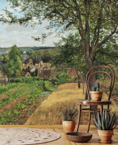 fine art wallpaper mural called Orchards at Louveciennes by Camille Pissarro for bedrooms and living rooms