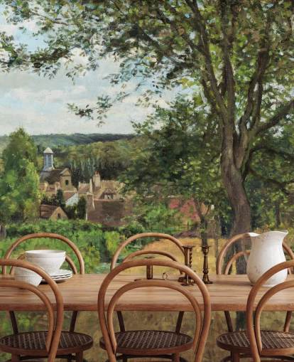mural de papel pintado de bellas artes llamado Orchards at Louveciennes de Camille Pissarro para dormitorios y salas de estar
