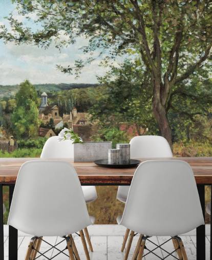 fine art wallpaper mural called Orchards at Louveciennes by Camille Pissarro for bedrooms and living rooms