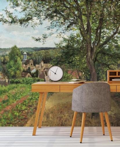 fine art wallpaper mural called Orchards at Louveciennes by Camille Pissarro for bedrooms and living rooms fine art wallpaper mural called Orchards at Louveciennes by Camille Pissarro for bedrooms and living rooms