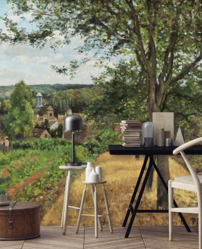 fine art wallpaper mural called Orchards at Louveciennes by Camille Pissarro for bedrooms and living rooms
