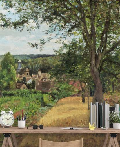 fine art wallpaper mural called Orchards at Louveciennes by Camille Pissarro for bedrooms and living rooms