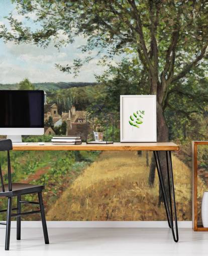 fine art wallpaper mural called Orchards at Louveciennes by Camille Pissarro for bedrooms and living rooms