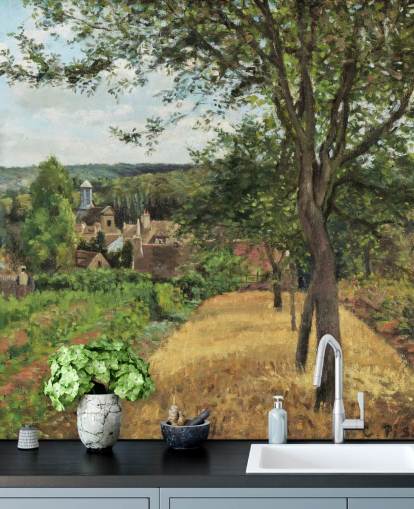 Kunsttapete mit dem Titel Orchards at Louveciennes von Camille Pissarro für Schlafzimmer und Wohnzimmer