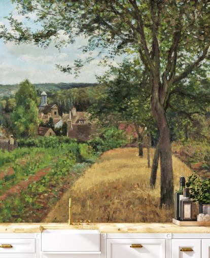 fine art wallpaper mural called Orchards at Louveciennes by Camille Pissarro for bedrooms and living rooms fine art wallpaper mural called Orchards at Louveciennes by Camille Pissarro for bedrooms and living rooms
