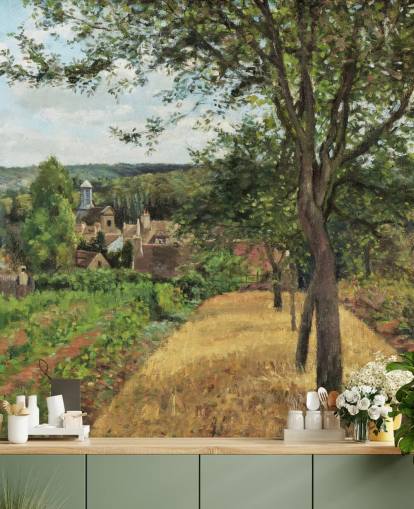 kunsttapet vægmaleri kaldet Orchards at Louveciennes af Camille Pissarro til soveværelser og stuer