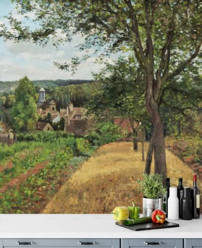 mural de papel de parede de belas artes chamado Orchards at Louveciennes de Camille Pissarro para quartos e salas de estar