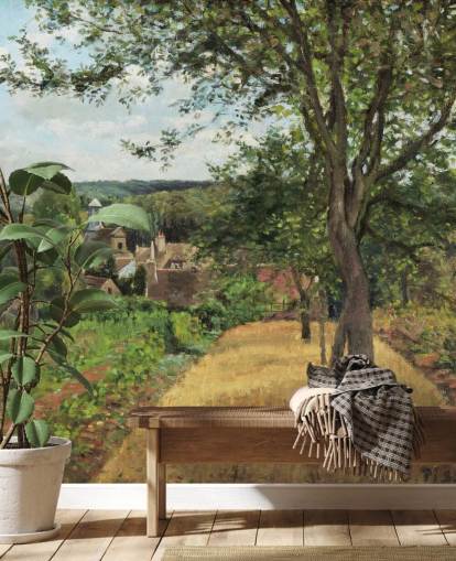 mural de papel pintado de bellas artes llamado Orchards at Louveciennes de Camille Pissarro para dormitorios y salas de estar