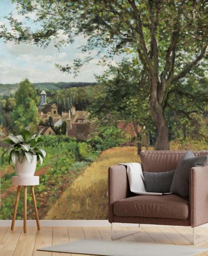 fine art wallpaper mural called Orchards at Louveciennes by Camille Pissarro for bedrooms and living rooms