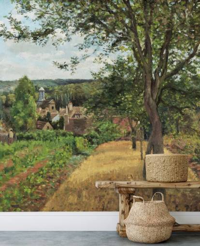 mural de papel pintado de bellas artes llamado Orchards at Louveciennes de Camille Pissarro para dormitorios y salas de estar