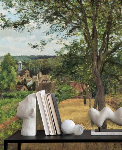 fine art wallpaper mural called Orchards at Louveciennes by Camille Pissarro for bedrooms and living rooms fine art wallpaper mural called Orchards at Louveciennes by Camille Pissarro for bedrooms and living rooms