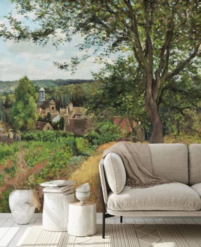 mural de papel pintado de bellas artes llamado Orchards at Louveciennes de Camille Pissarro para dormitorios y salas de estar