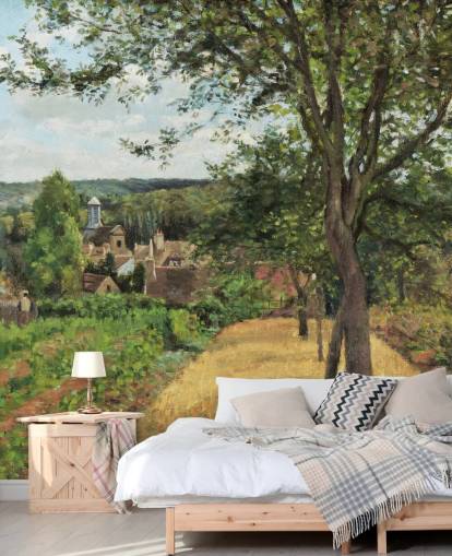 konsttapet väggmålning som heter Orchards at Louveciennes av Camille Pissarro för sovrum och vardagsrum