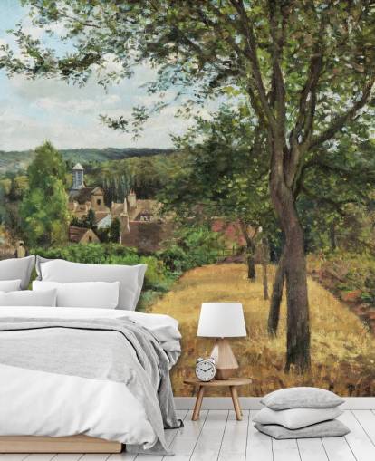 fine art behangmuurschildering genaamd Orchards at Louveciennes van Camille Pissarro voor slaapkamers en woonkamers