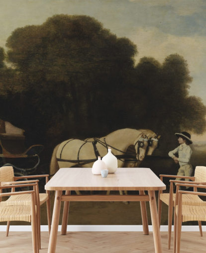 papier peint mural d'art Phaeton avec une paire de poneys crème et un garçon d'écurie par George Stubbs papier peint mural d'art Phaeton avec une paire de poneys crème et un garçon d'écurie par George Stubbs