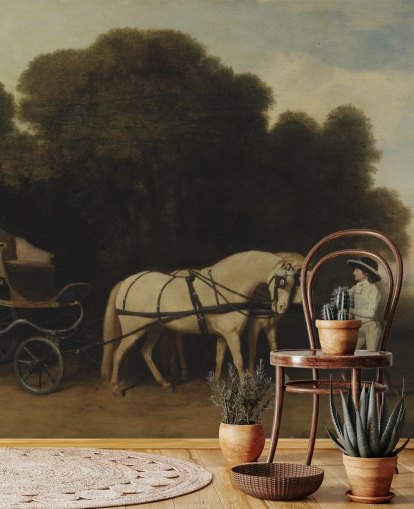 fine art wallpaper mural Phaeton with a Pair of Cream Ponies and a Stable-Lad by George Stubbs