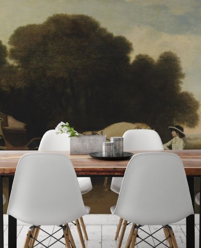 papier peint mural d'art Phaeton avec une paire de poneys crème et un garçon d'écurie par George Stubbs
