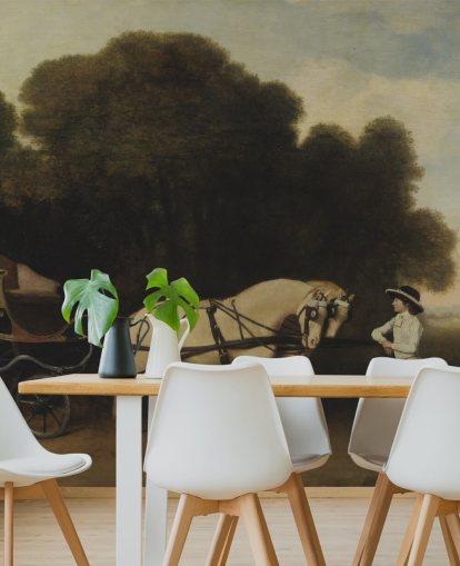 mural de papel pintado de bellas artes Faetón con un par de ponis color crema y un mozo de establo de George Stubbs