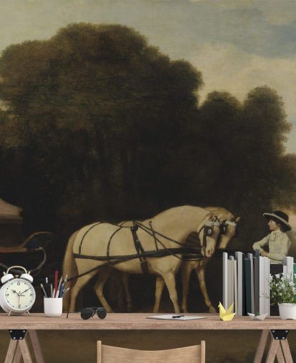 mural de papel pintado de bellas artes Faetón con un par de ponis color crema y un mozo de establo de George Stubbs mural de papel pintado de bellas artes Faetón con un par de ponis color crema y un mozo de establo de George Stubbs