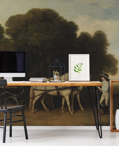 papier peint mural d'art Phaeton avec une paire de poneys crème et un garçon d'écurie par George Stubbs papier peint mural d'art Phaeton avec une paire de poneys crème et un garçon d'écurie par George Stubbs