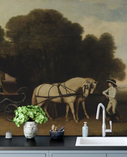 carta da parati fine art Phaeton con un paio di pony color crema e un ragazzo di stalla di George Stubbs