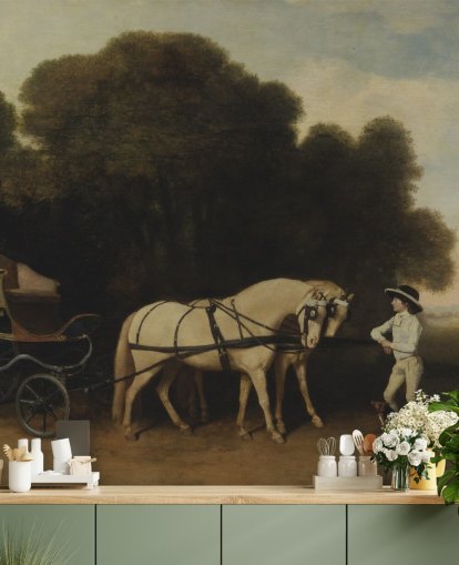 fine art wallpaper mural called Phaeton with a Pair of Cream Ponies and a Stable-Lad by George Stubbs