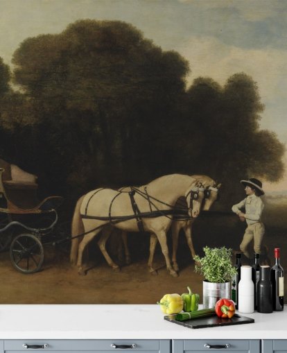 fine art wallpaper mural called Phaeton with a Pair of Cream Ponies and a Stable-Lad by George Stubbs