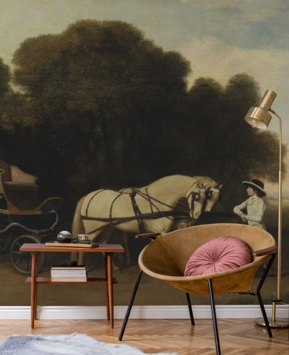 fine art wallpaper mural called Phaeton with a Pair of Cream Ponies and a Stable-Lad by George Stubbs fine art wallpaper mural called Phaeton with a Pair of Cream Ponies and a Stable-Lad by George Stubbs